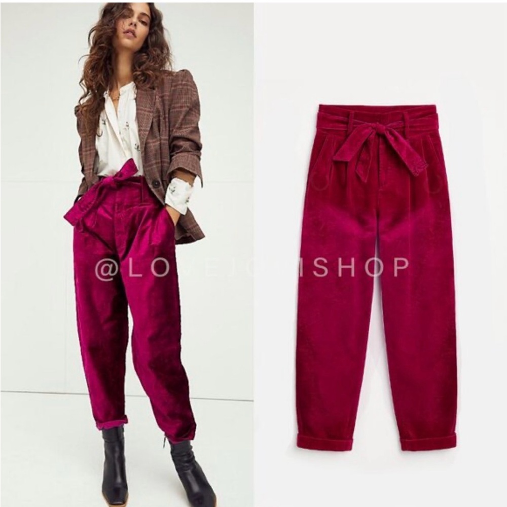 Free Pople High-Rise Velvet Paperbag Pants in Deep Magenta